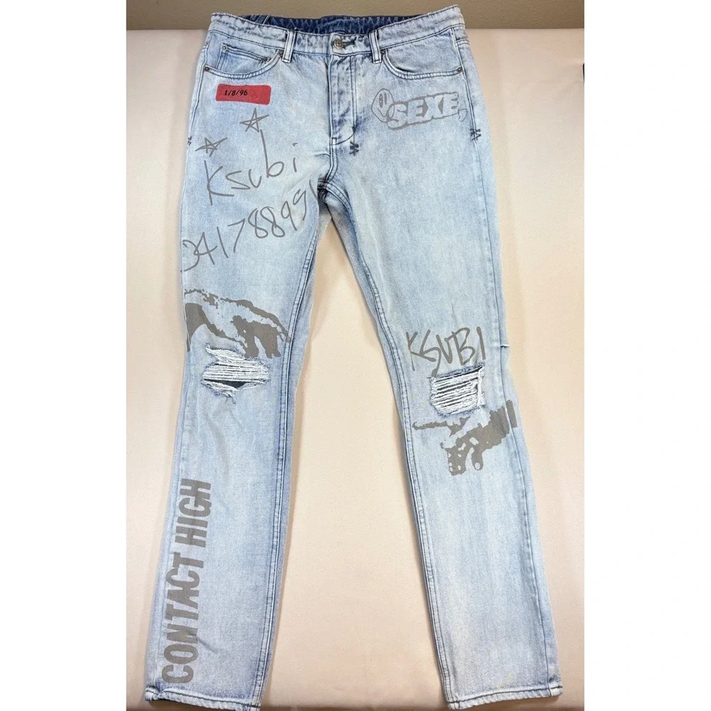 Ksubi Chitch Jeans Mens 33 Light Wash Distressed Graphic Streetwear Denim Pants